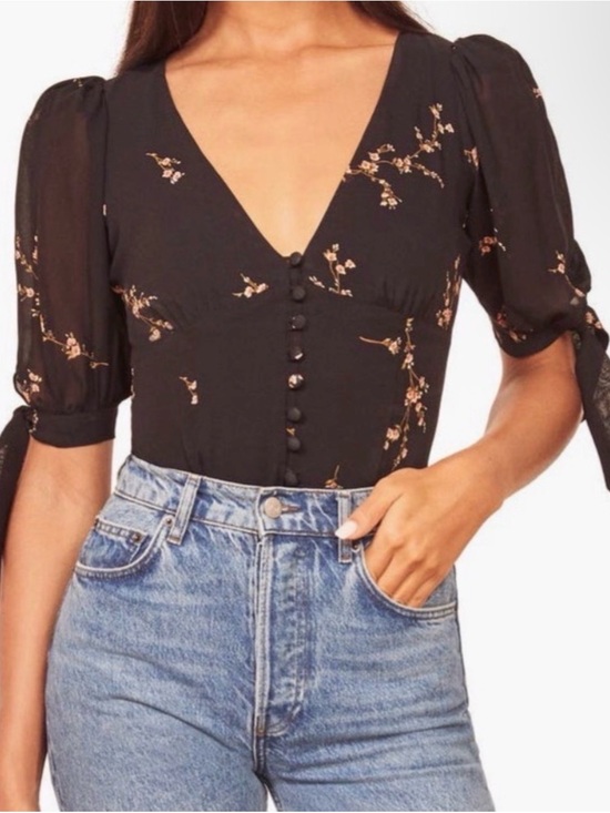 Reformation Tops - Reformation Ani Floral Top Medium Black Cherry Blossom Puff Sleeve Tie Blouse